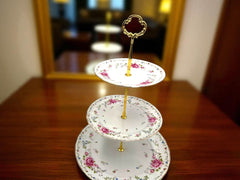 Royal Albert-Inspired 3-Tier Bone China Pastry Stand – Elegant Floral Design with Gold Handle