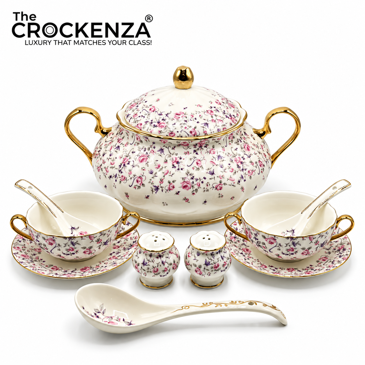 Imported Royal Albert Inspired 23-Piece Floral Soup Set with Gold Trim