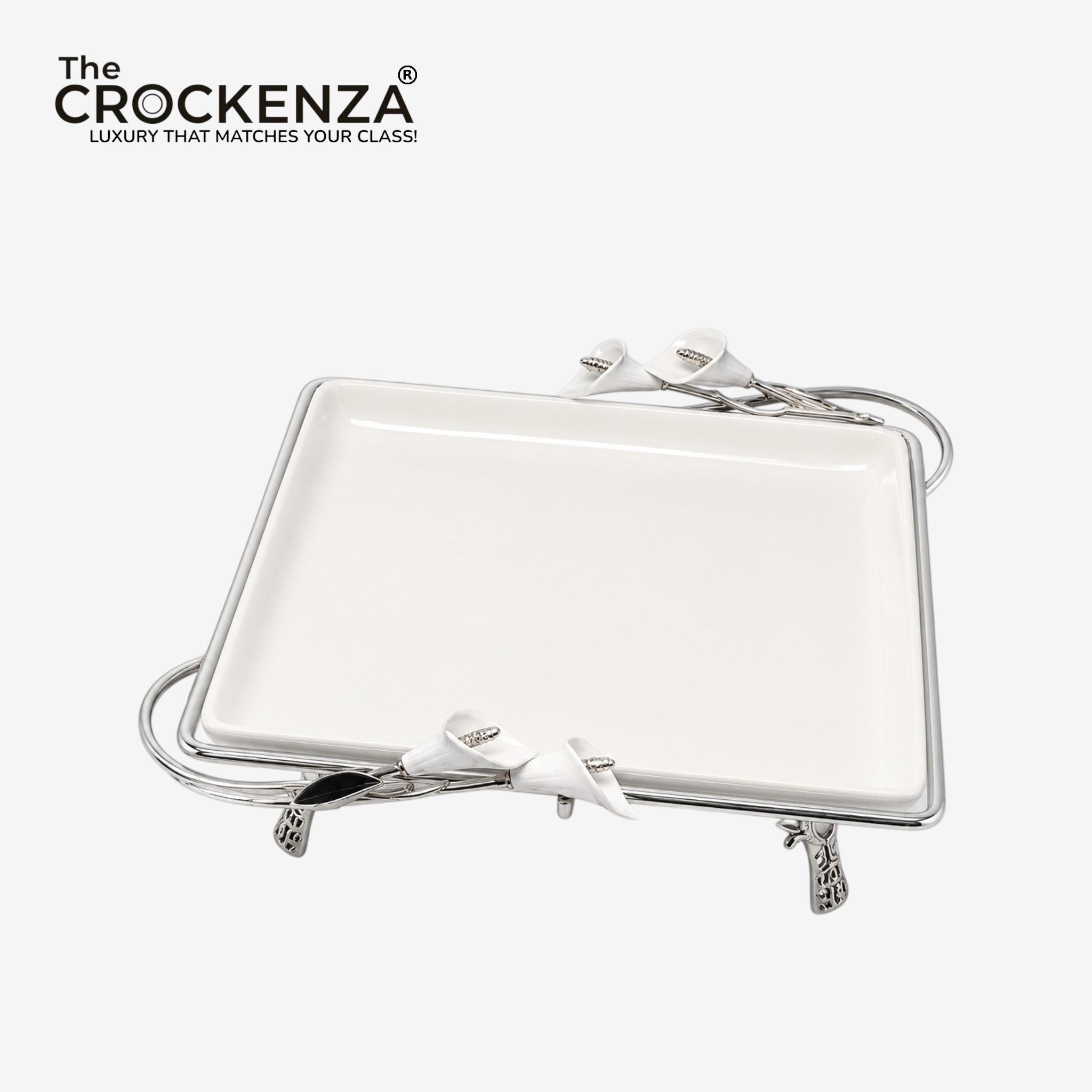 Opulent White Ceramic Square Platter with Ornate Silver Base