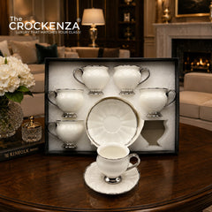 Luxury 12 Piece Cup & Saucer Set – White with Silver Rim | Premium Coffee Cup Set for Home & Gifting