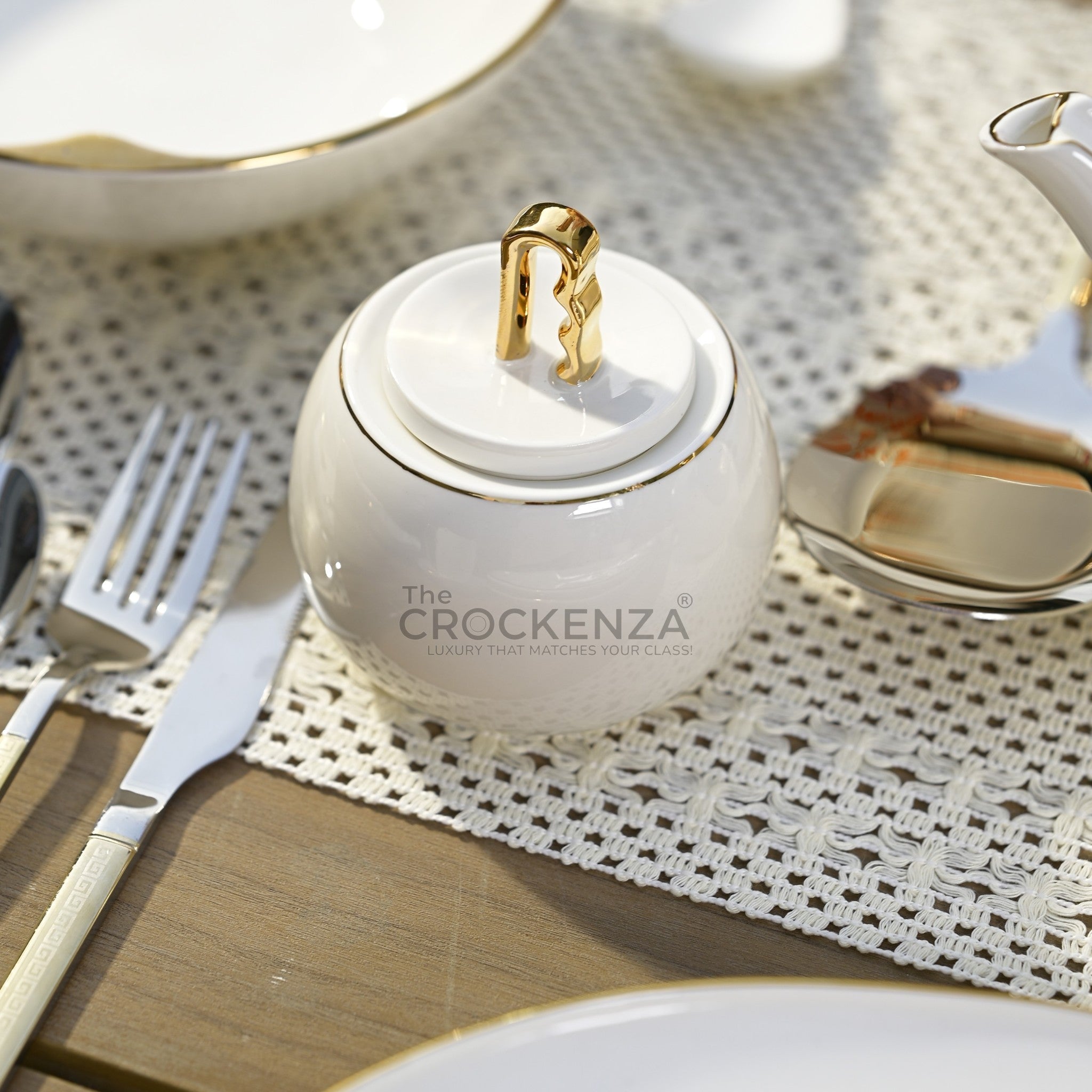 75-Piece Luxury Imperial Thailand inspired Porcelain Dinner Set – Ivory White Tableware with Gold Filigree Accent Handles