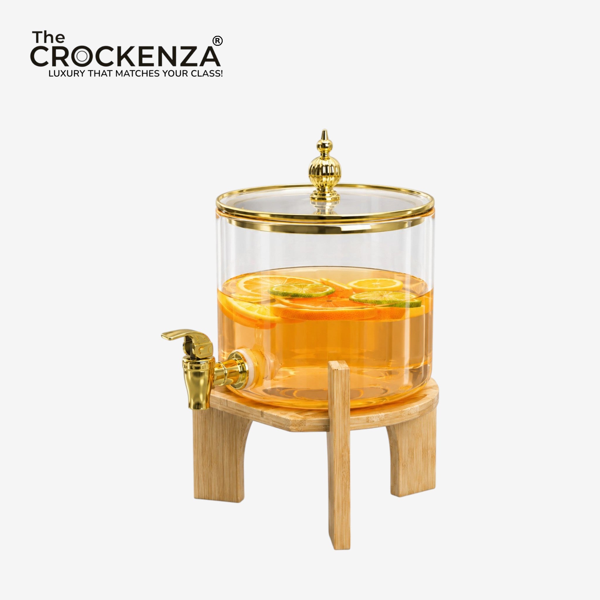 Luxury Glass Beverage Dispenser with Wooden Stand & Gold Faucet - 2.6L / 3.6L Juice, Lemonade & Water Drink Dispenser