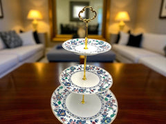 Royal Albert-Inspired 3-Tier Bone China Pastry Stand – Elegant Floral Design with Gold Handle