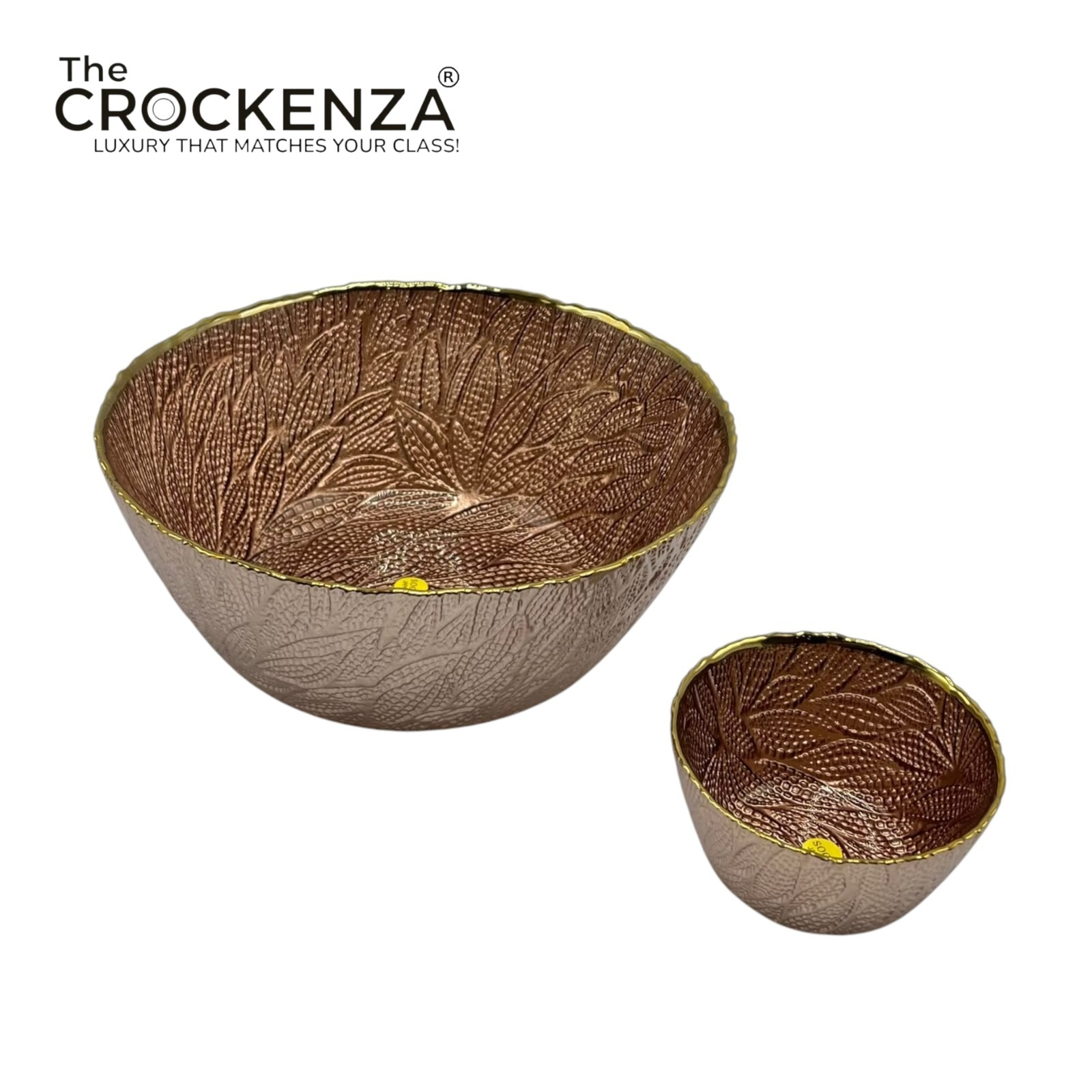 7-Piece Luxury Brown Textured Glass Serving Bowl Set with Gold Rim – 1 Large & 6 Small Bowls