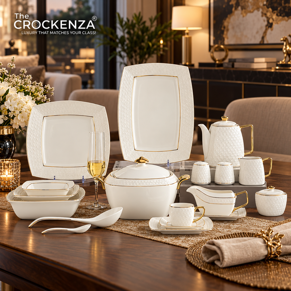 75-Piece Luxury Imperial Thailand inspired Porcelain Dinner Set – Ivory White Tableware with Gold Filigree Accent Handles
