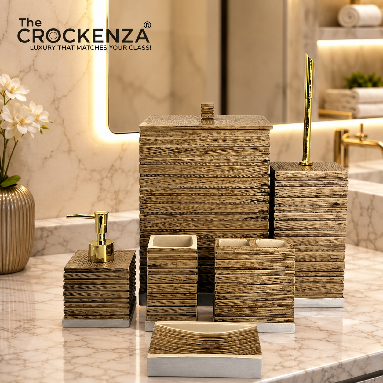 Crockenza Imperial 6-Piece Bath Set – Modern Ribbed Oak with Polished Gold Accents
