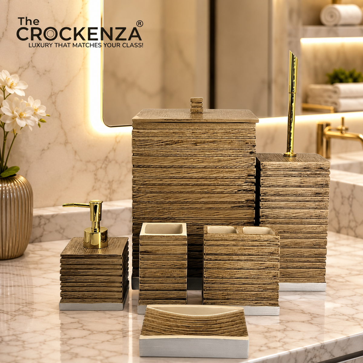 Crockenza Imperial 6-Piece Bath Set – Modern Ribbed Oak with Polished Gold Accents