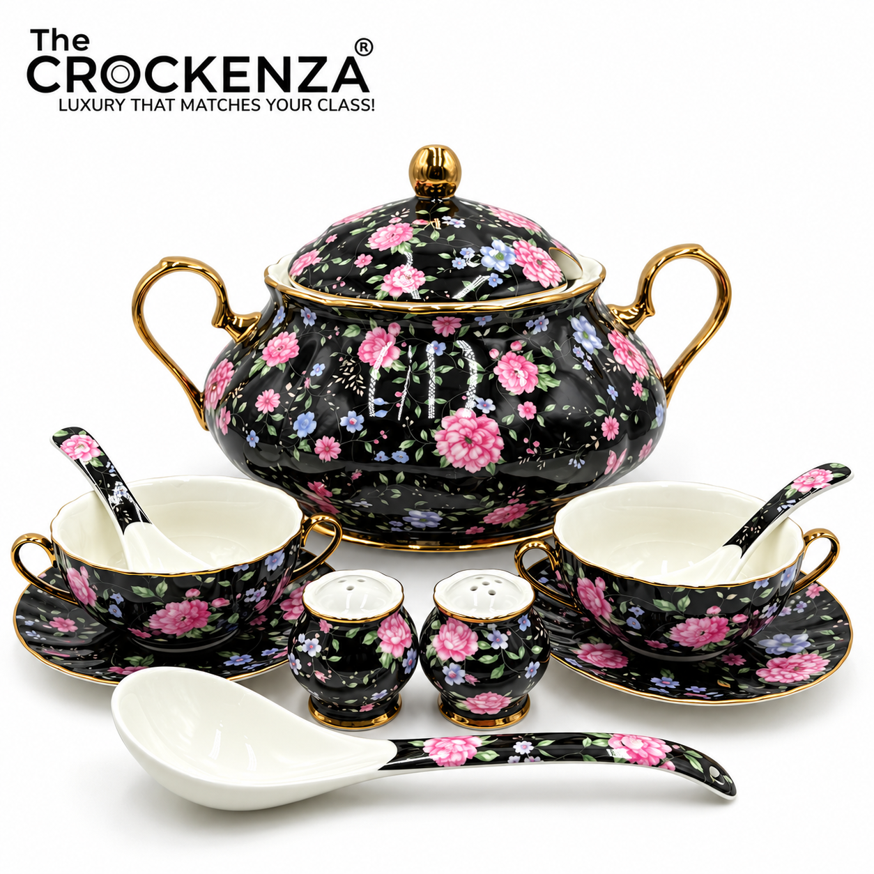 Imported Royal Albert Inspired 23-Piece Floral Soup Set with Gold Trim