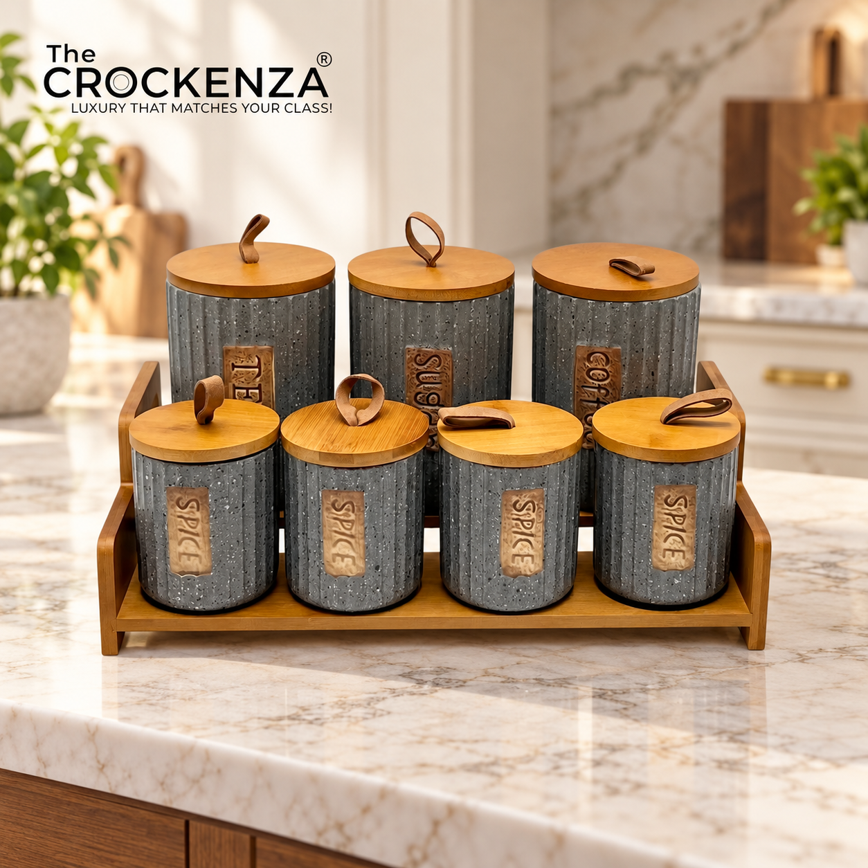 7-Piece Ceramic Airtight Jar Set with Wooden Lids & Storage Tray