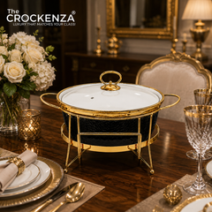 10" Round Porcelain Serving Bowl with Gold Stand & Lid – Elegant Buffet Serving Dish with Handles | Luxury Tableware