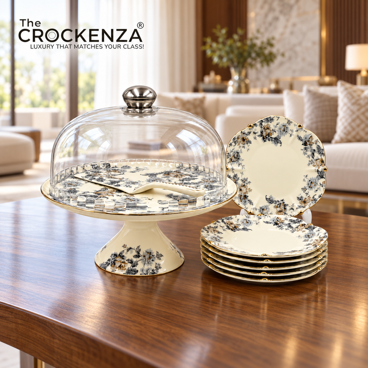 Royal Albert–Inspired 9-Pcs Bone China Cake Set | Floral Elegance with Dome