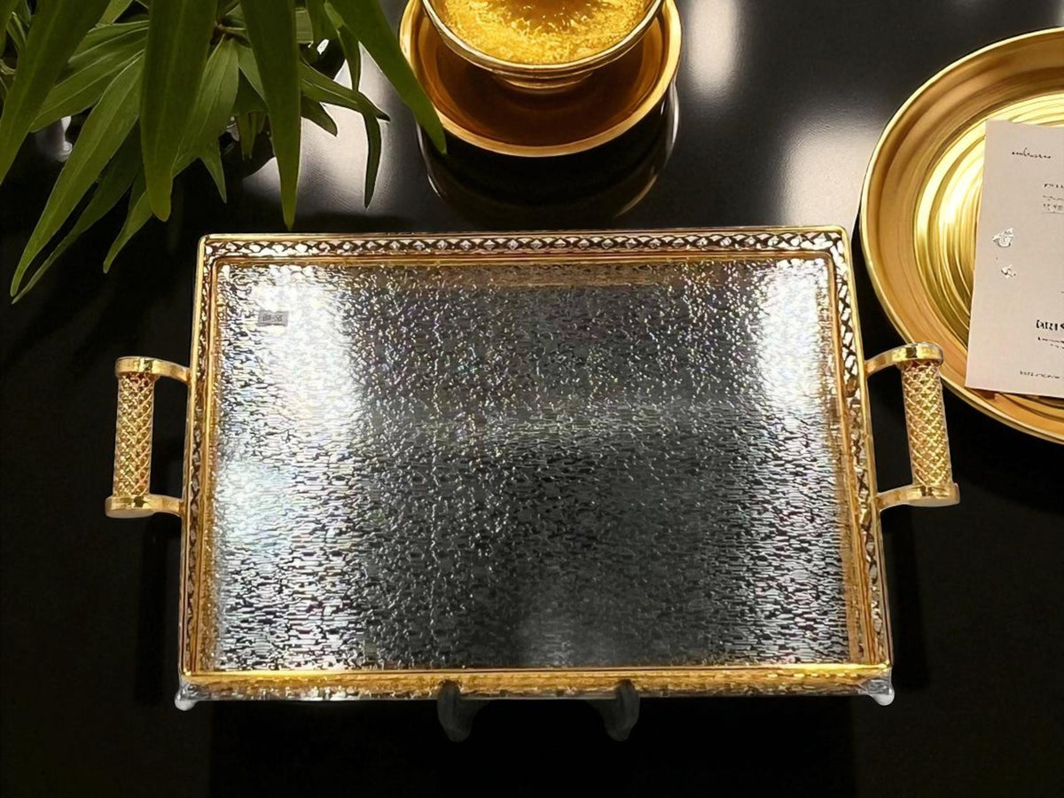 Luxury Gold & Silver Rectangular Metal Tray with Golden Detailing – Elegant Serving Tray (4 Sizes)