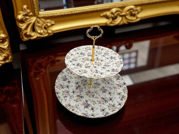 Royal Albert-Inspired 2-Tier Bone China Pastry Stand – Elegant Floral Design with Gold Handle