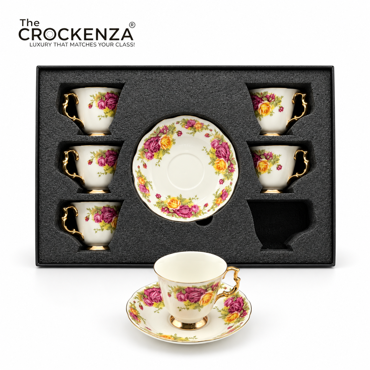 Luxury 12 Pcs Floral Cup & Saucer Set with Gold Handles – Premium Porcelain Tea Cups