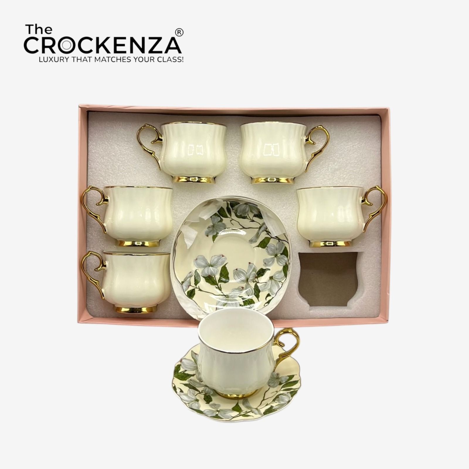 Luxury 12 Piece Floral Porcelain Tea Cup & Saucer Set – White & Gold Coffee Cup Set | Premium Imported Tea Set