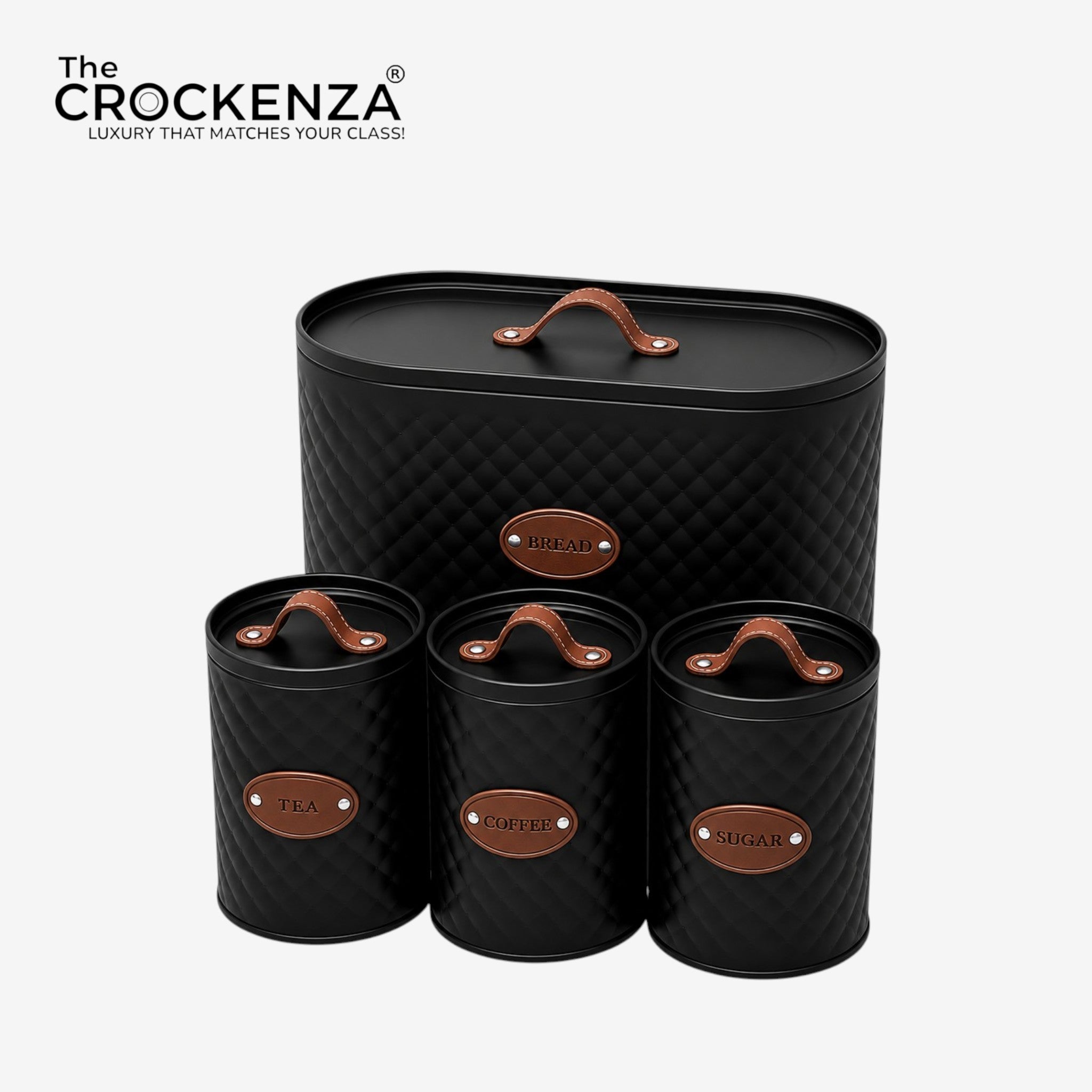 Luxury 4-Piece Bread Box & Tea Coffee Sugar Canister Set with Leather Handles – Premium Kitchen Storage Set