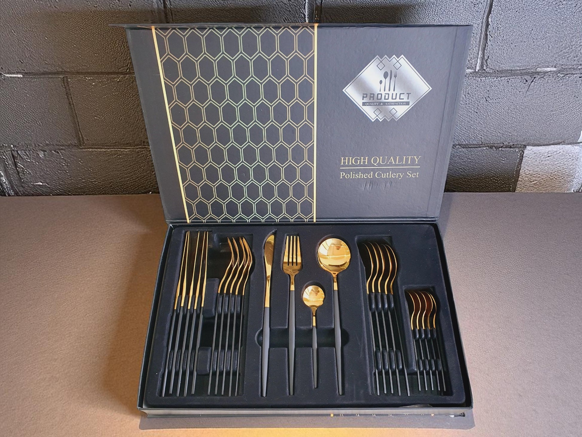 Luxury Portuguese Polished Cutlery Set – 24 Pcs Set (Black & Golden) Best For 6 people