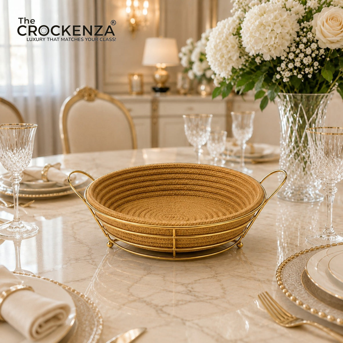 Luxury Woven Multipurpose Serving Basket with Golden Metal Frame & Handles