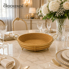 Luxury Woven Multipurpose Serving Basket with Golden Metal Frame & Handles
