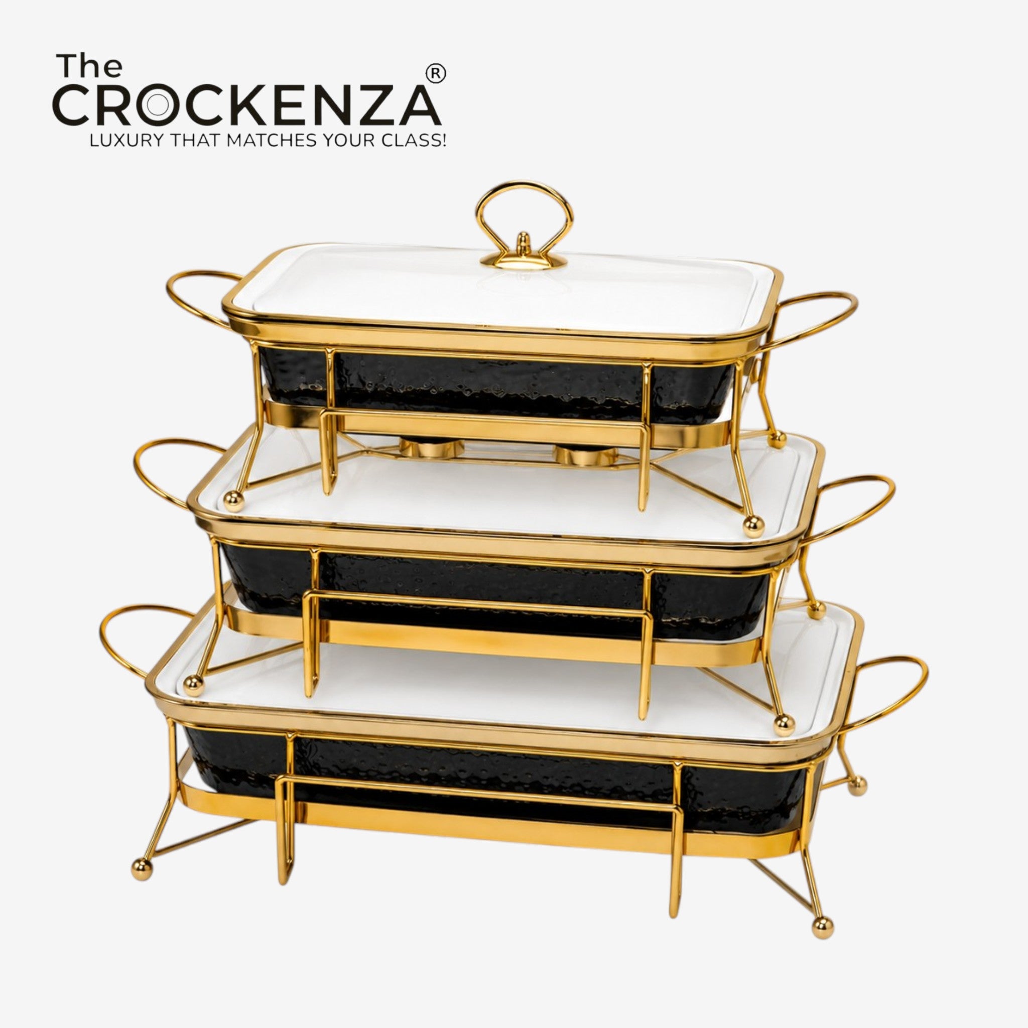 Modern Luxe Black & Gold Rectangular Food Warmer Set – 3-Piece textured Buffet Servers