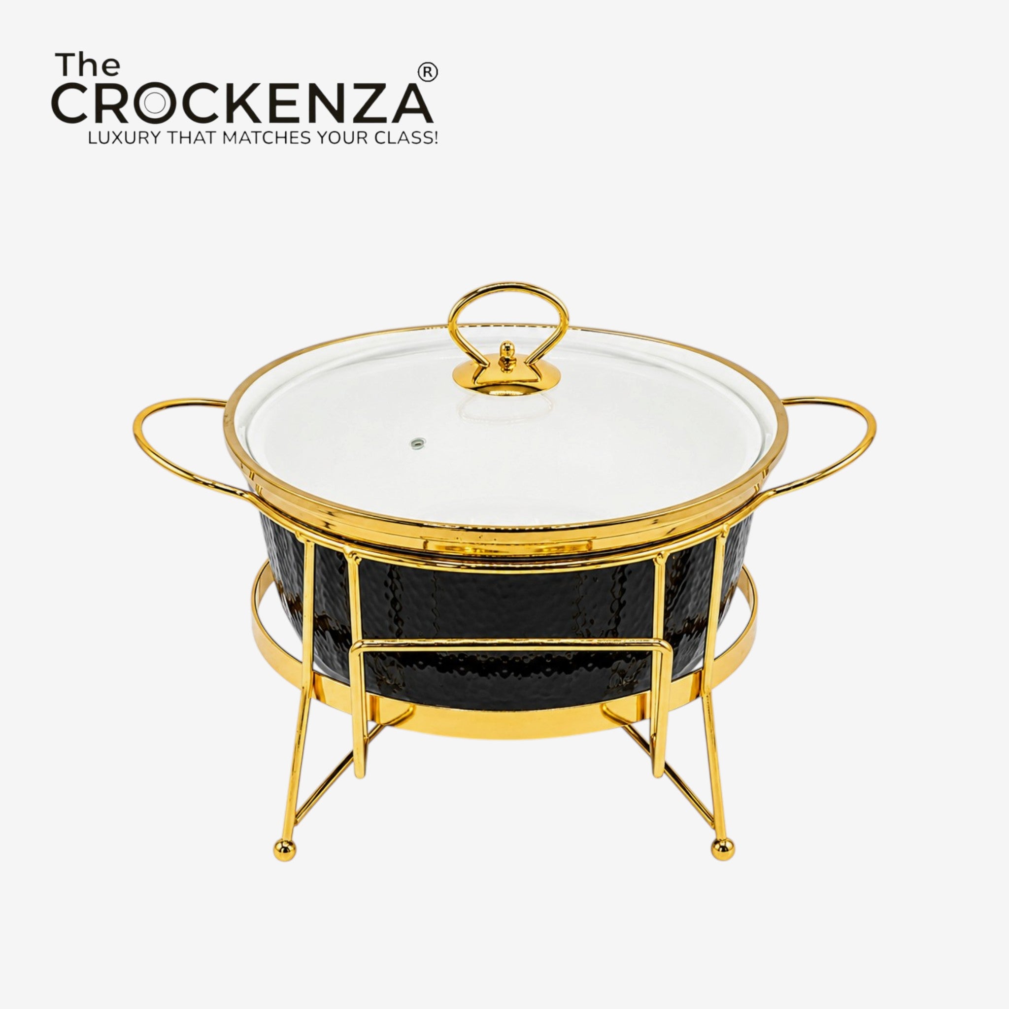 10" Round Porcelain Serving Bowl with Gold Stand & Lid – Elegant Buffet Serving Dish with Handles | Luxury Tableware