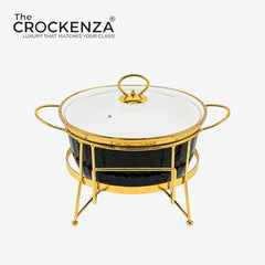 10" Round Porcelain Serving Bowl with Gold Stand & Lid – Elegant Buffet Serving Dish with Handles | Luxury Tableware