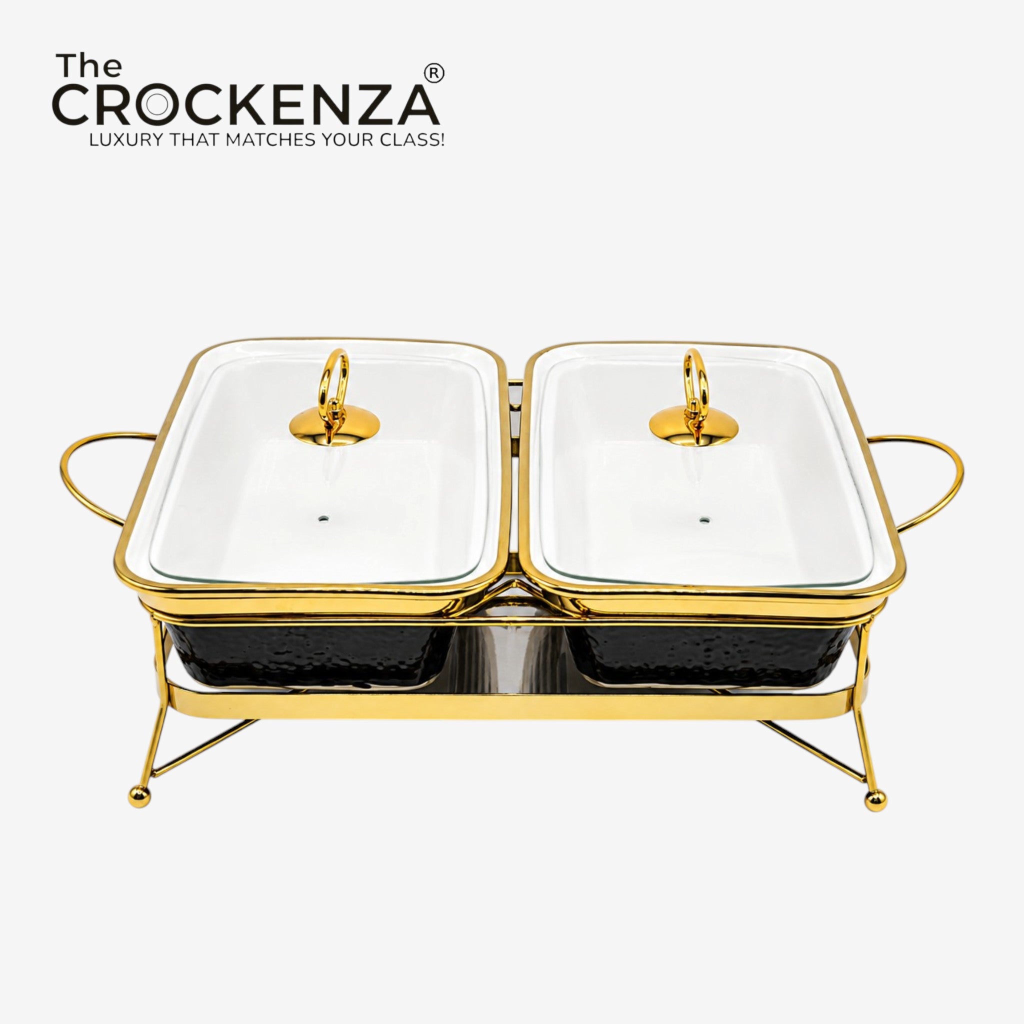 Twin Rectangular Porcelain Serving Dish Set with Gold Stand – 12" Double Buffet Server with Handles | Elegant Tabletop Food Warmer & Serving Bowl Set