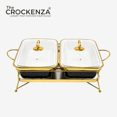 Twin Rectangular Porcelain Serving Dish Set with Gold Stand – 12" Double Buffet Server with Handles | Elegant Tabletop Food Warmer & Serving Bowl Set