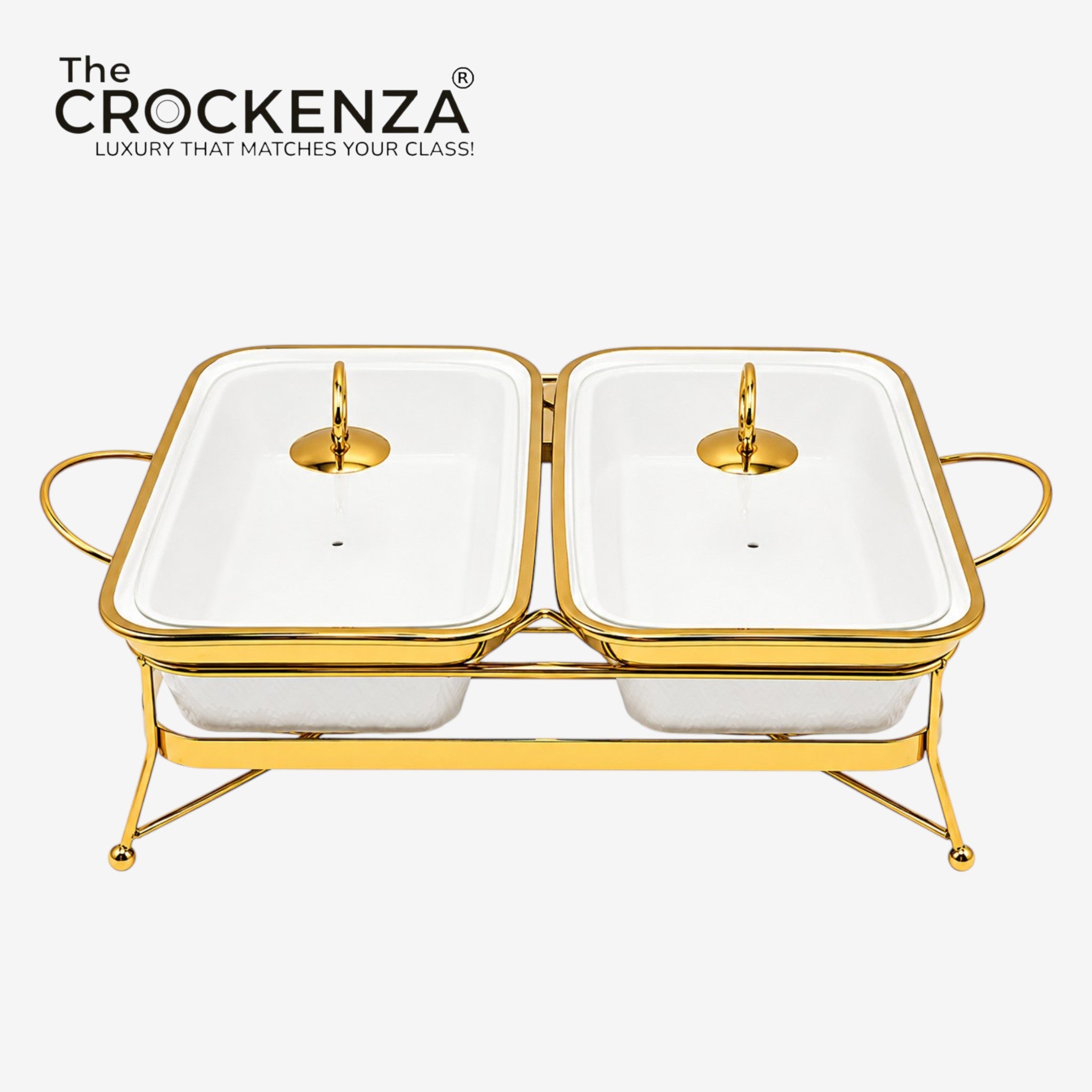 Twin Rectangular Porcelain Serving Dish Set with Gold Stand – 12" Double Buffet Server with Handles | Elegant Tabletop Food Warmer & Serving Bowl Set