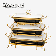 Modern Luxe Black & Gold Rectangular Food Warmer Set – 3-Piece textured Buffet Servers