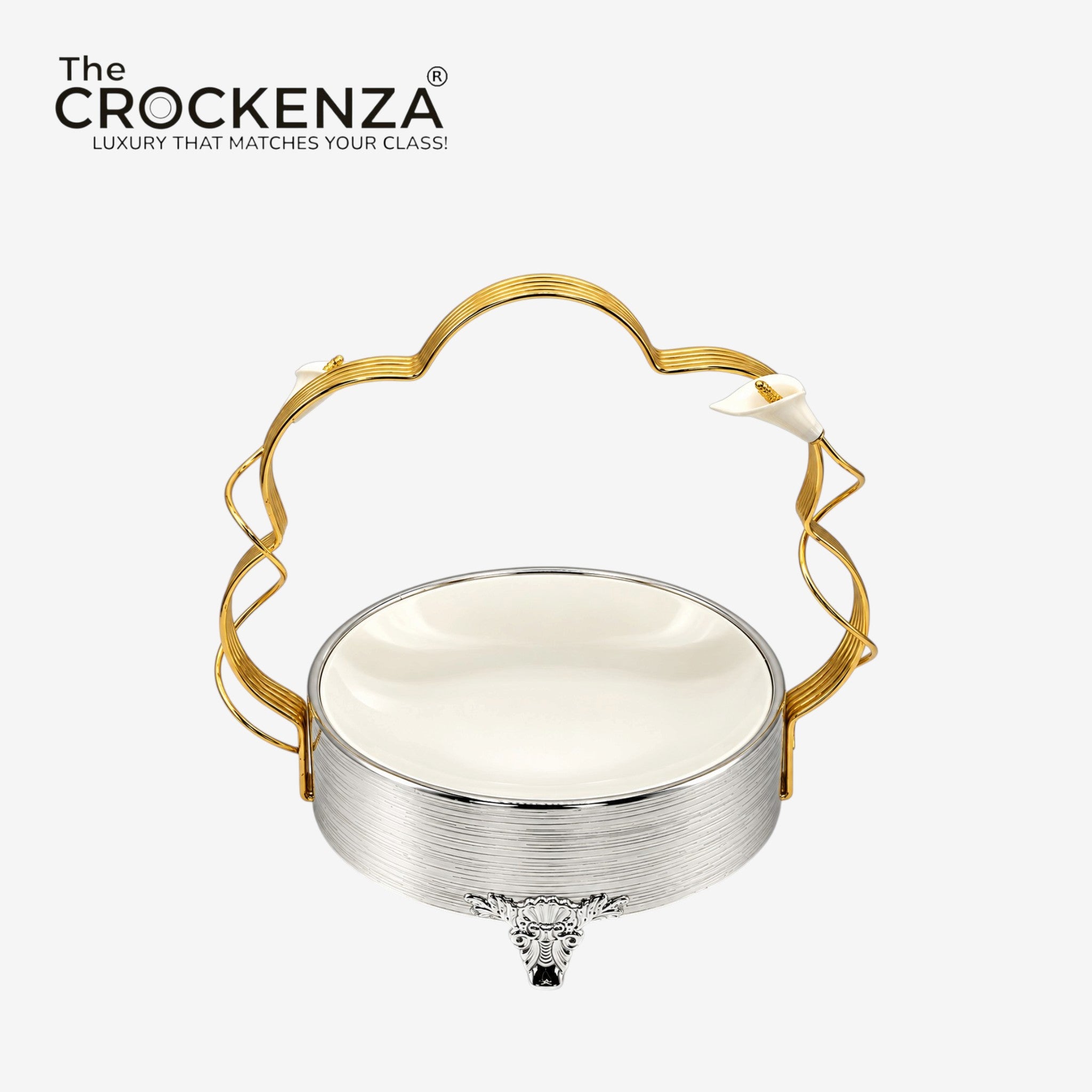 Luxury Floral Design Ceramic Serving Platter with Gold Handle & Silver Stand – Large