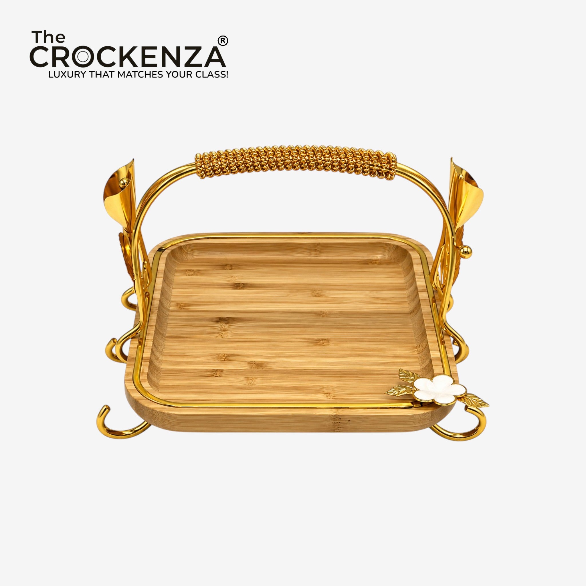 Luxury Bamboo Serving Tray with Gold Handle & Floral Detail – Small & Medium