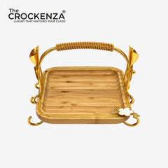 Luxury Bamboo Serving Tray with Gold Handle & Floral Detail – Small & Medium
