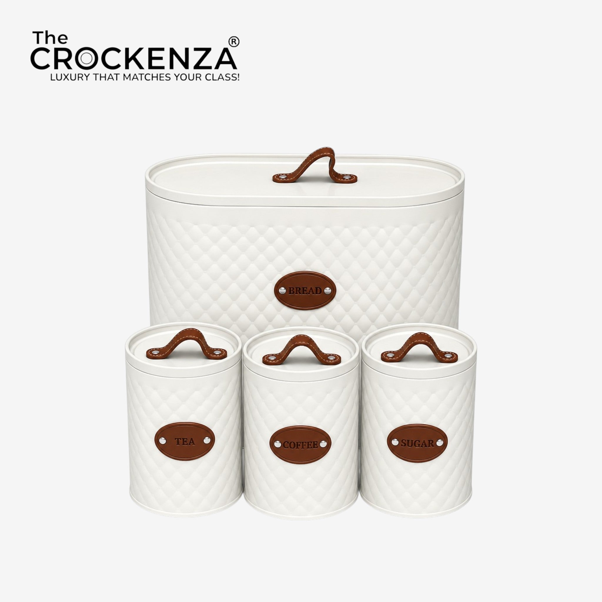 Luxury 4-Piece Bread Box & Tea Coffee Sugar Canister Set with Leather Handles – Premium Kitchen Storage Set