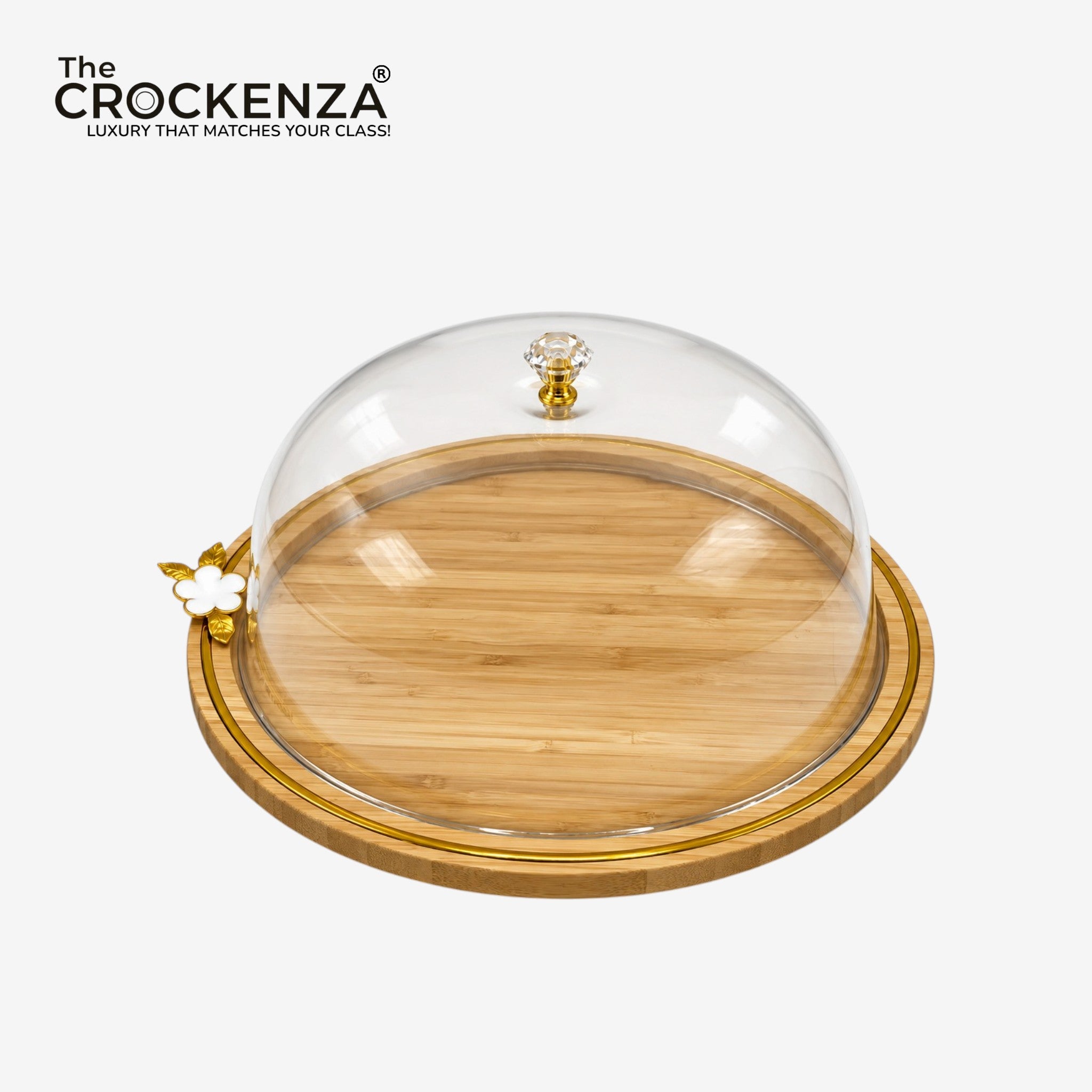 Luxury Bamboo Cake Serving Tray with Clear Dome & Gold Floral Detail
