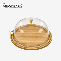 Luxury Bamboo Cake Serving Tray with Clear Dome & Gold Floral Detail