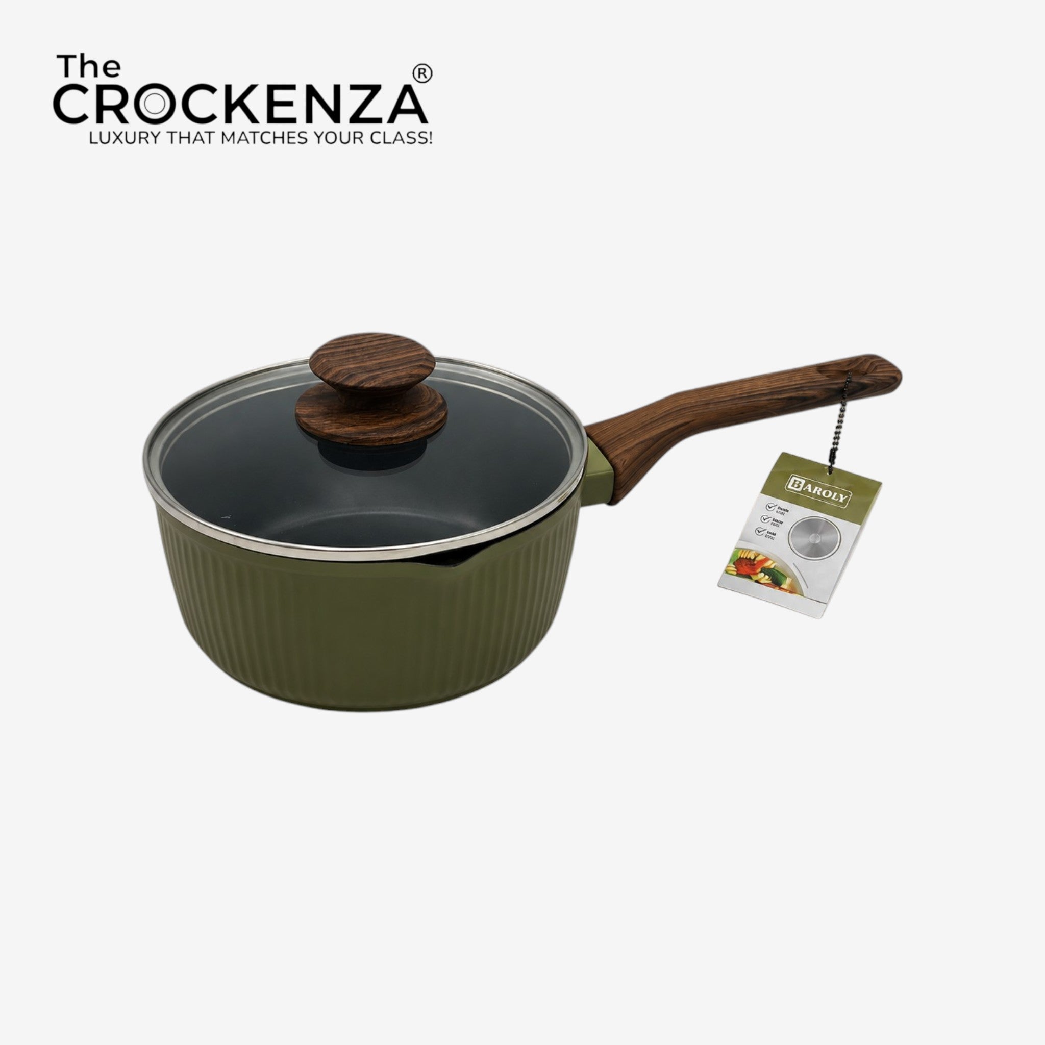 Baroly 18CM Non-Stick Sauce Pan with Glass Lid & Wooden Handle | Premium Induction Compatible