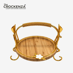 Luxury Bamboo Serving Tray with Gold Handle & Floral Detail – Small & Medium