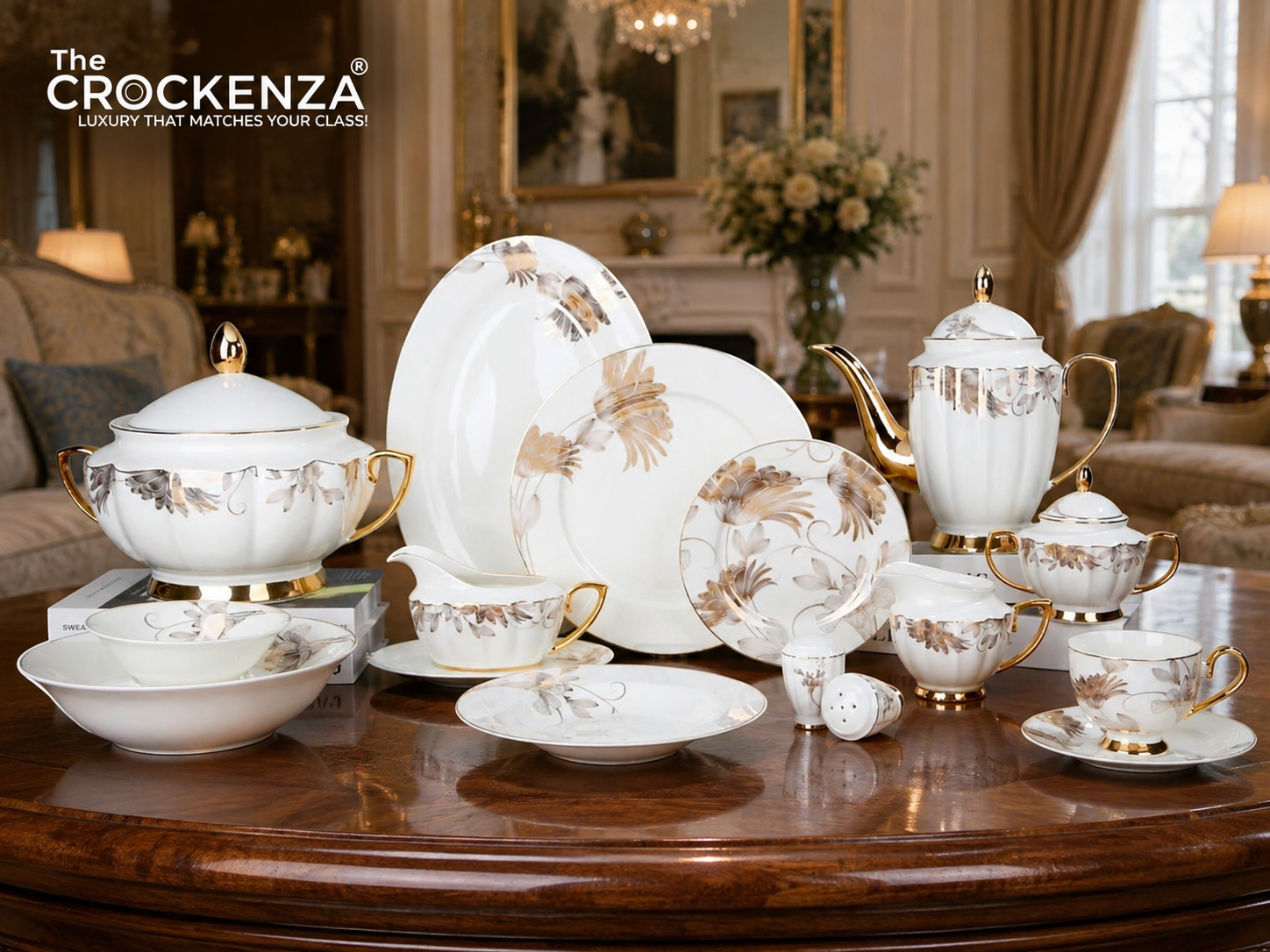 Imported Johnson Bros Inspired Luxury Gold-Leaf Complete Dining Set — 65 & 89 Pcs Serving