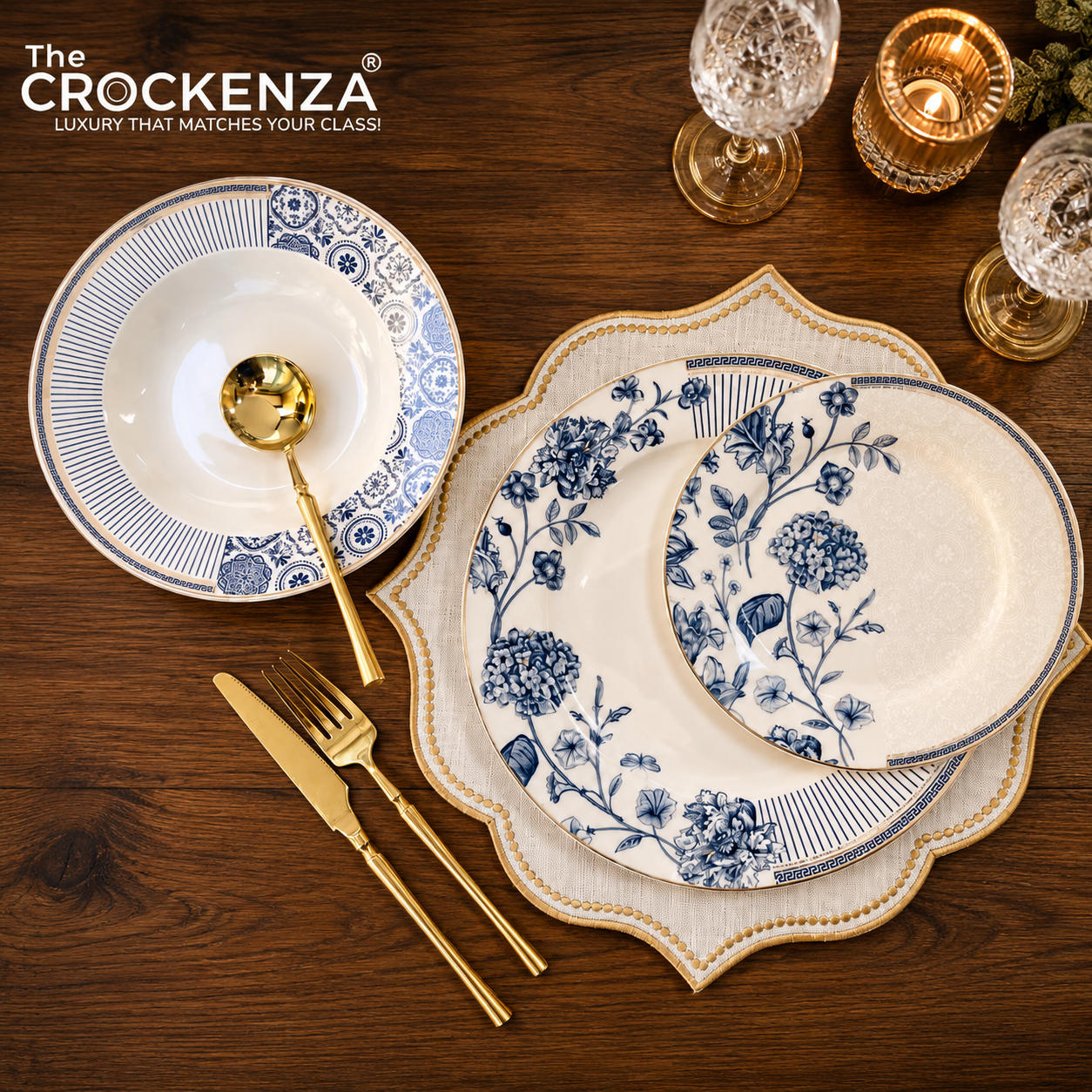 Embossed Scroll & Hydrangea 18-Piece Johnson Bros inspired Bone China Plate Set - Blue & White