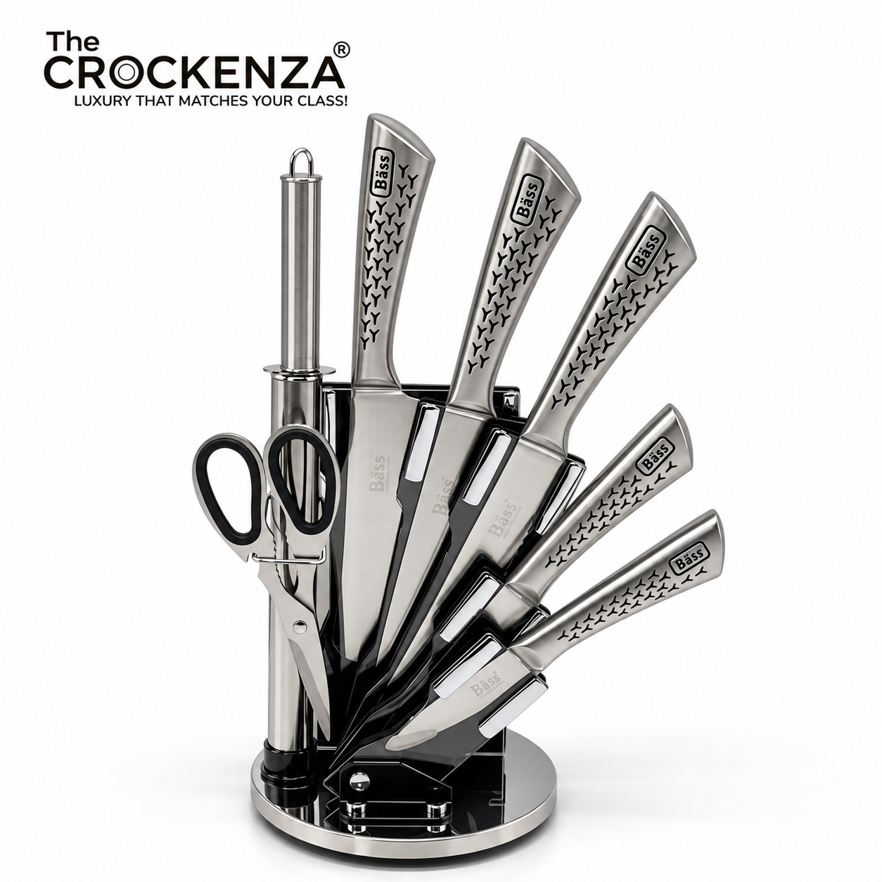 Cut Like a Pro: Imported Bass 8-Piece Elite Stainless Steel Knife Set with 360° Rotating Carousel