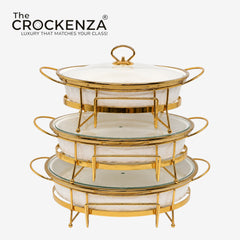 Luxe White & Gold Textured Porcelain Chafing Dish – Set of 3 Sizes