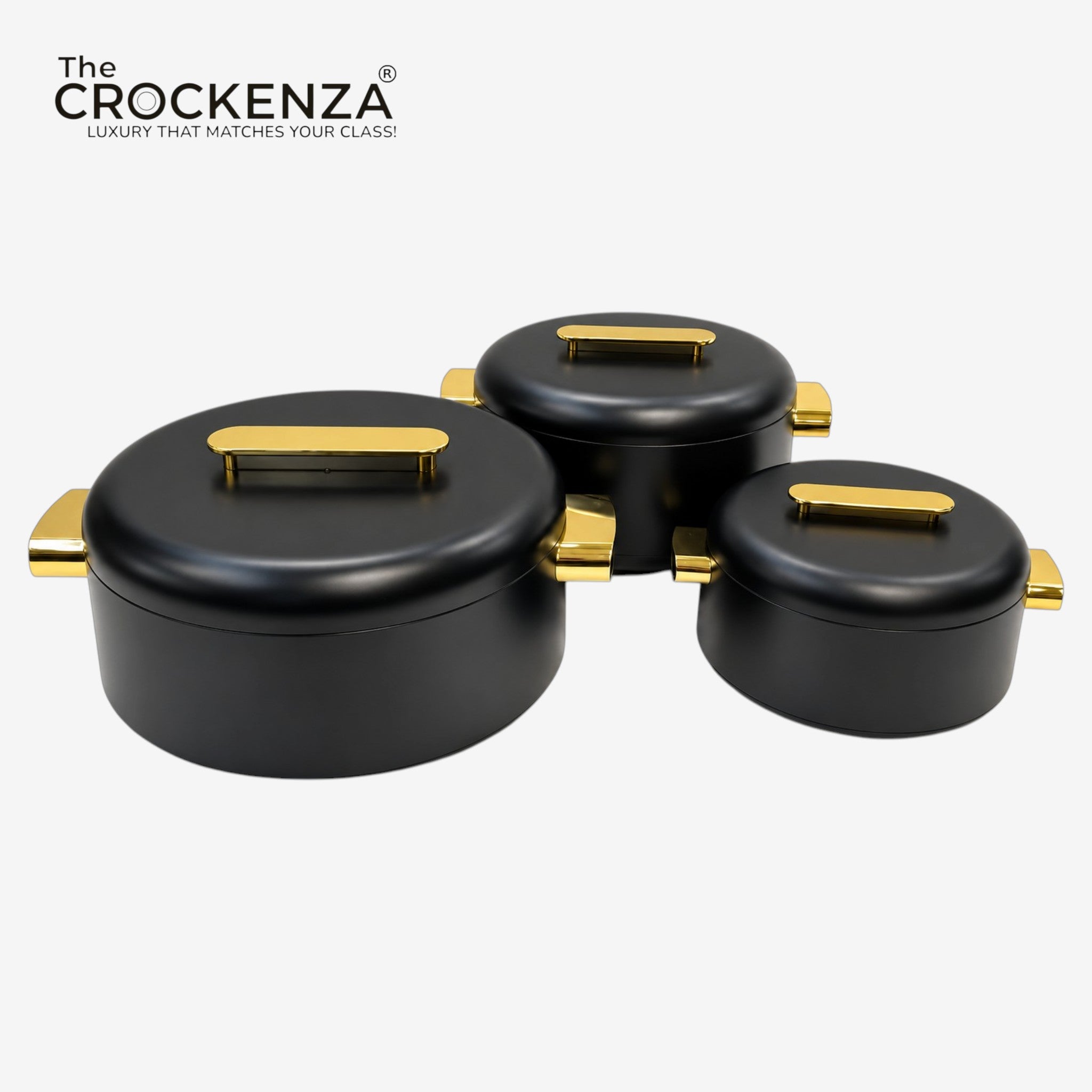 Imported Luxury Collection | Forever Gold 3Pcs Hotpot Set | Keep your food fresh & warm | Black Plain Round (1/2/3.5ltr)