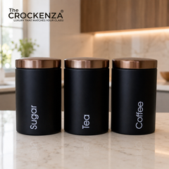 Metallic Canister Trio – Sugar, Tea & Coffee Black Jars with Rose Gold Airtight Lids