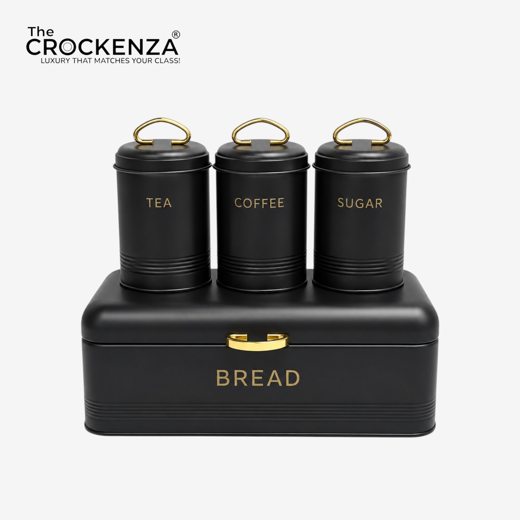 Luxury 4-Piece Bread Box & Tea Coffee Sugar Canister Set – Black & Gold Kitchen Storage Set