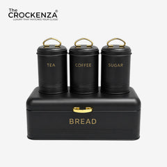 Luxury 4-Piece Bread Box & Tea Coffee Sugar Canister Set – Black & Gold Kitchen Storage Set