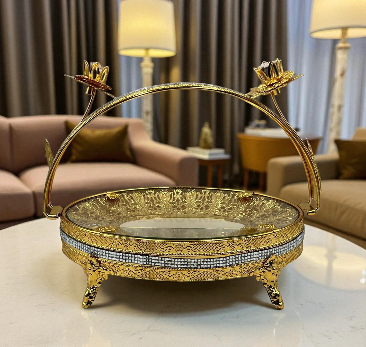 Luxury Golden Serving Platter with Handle | Decorative Metal Tray for Table Decor