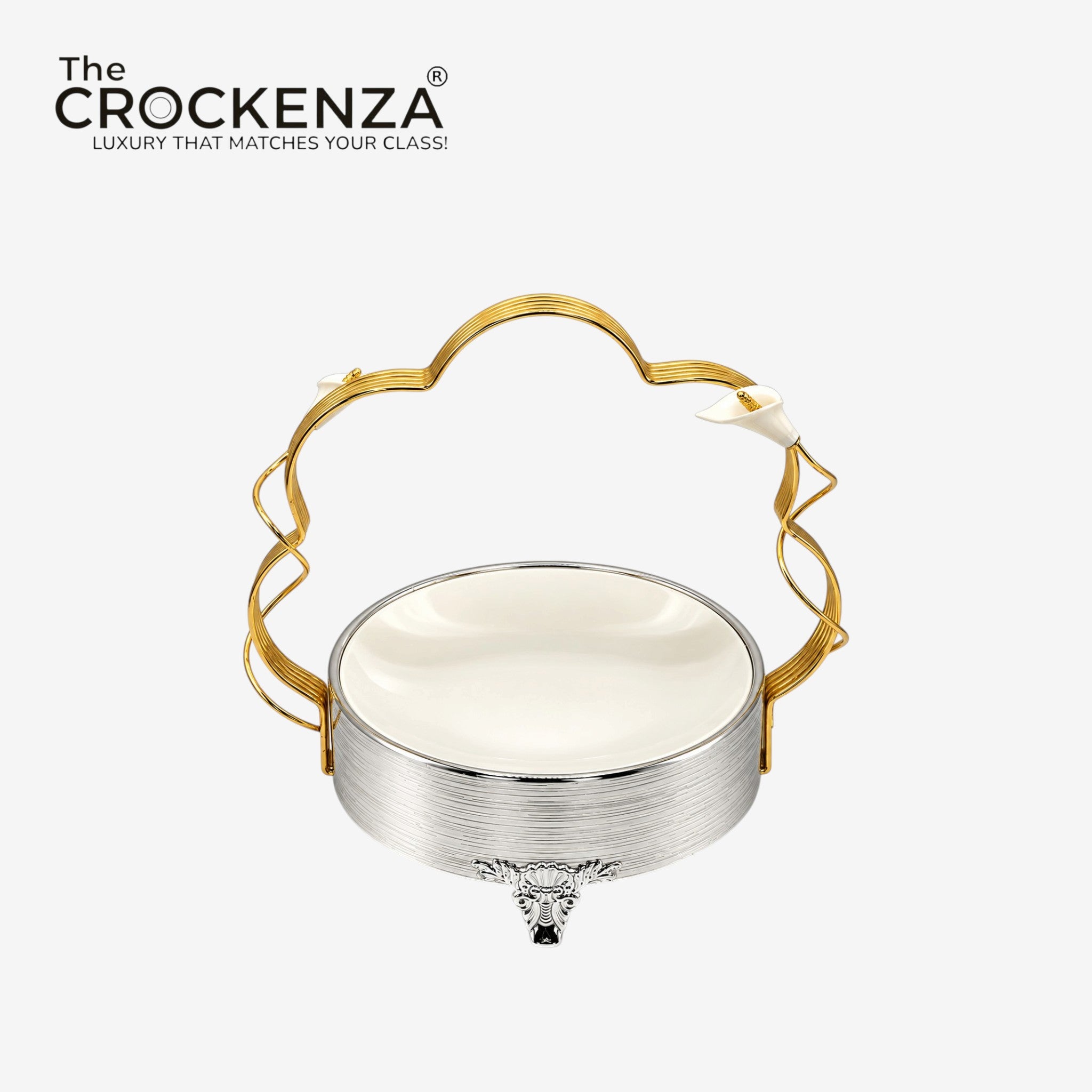 Luxury Floral Design Ceramic Serving Platter with Gold Handle & Silver Stand – Medium