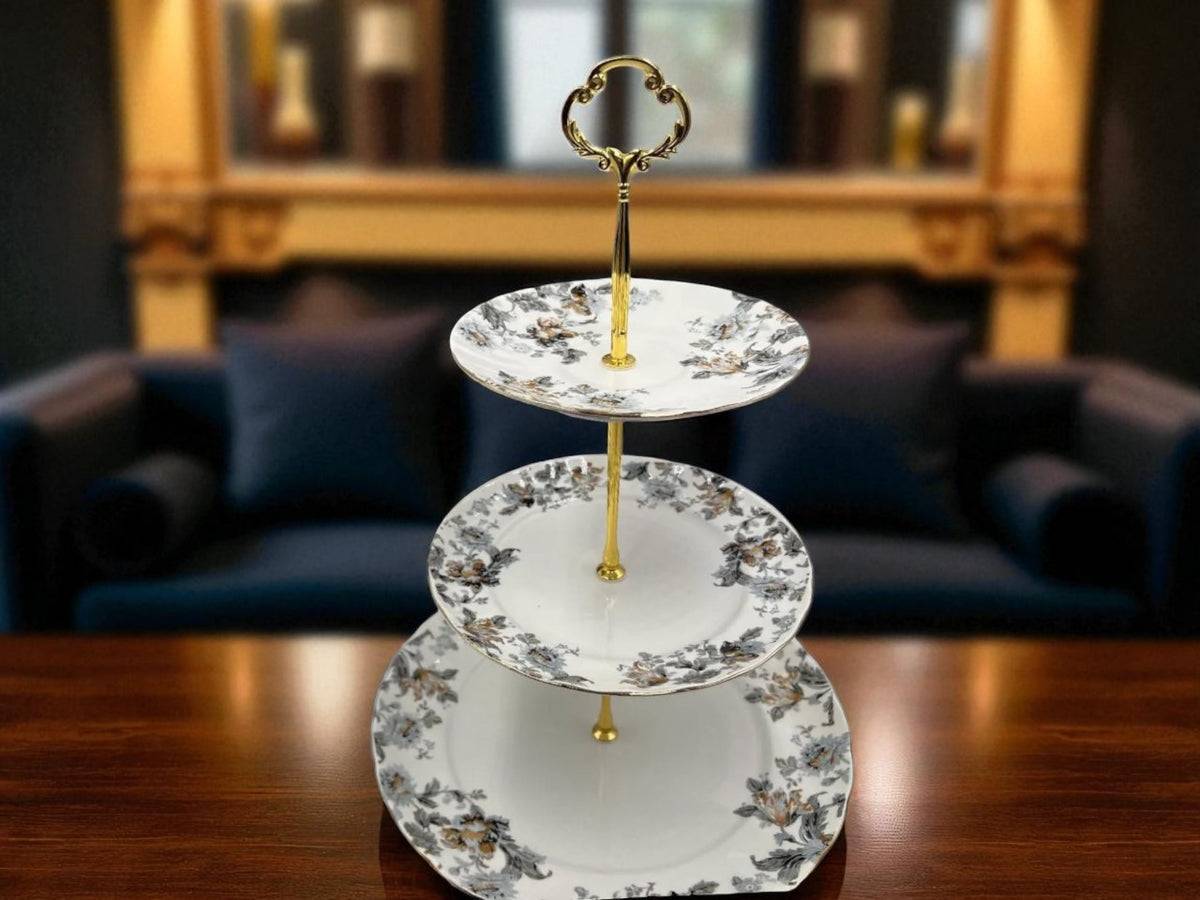 Royal Albert-Inspired 3-Tier Bone China Pastry Stand – Elegant Floral Design with Gold Handle
