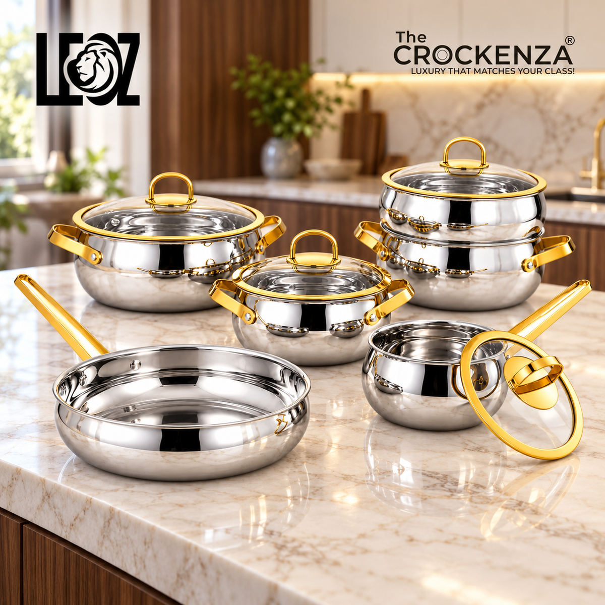 LEOZ Luxury Stainless Steel 10-Piece Cookwareware Set | Three-layer Steel Design with Glass Lid and Non Stick Pots